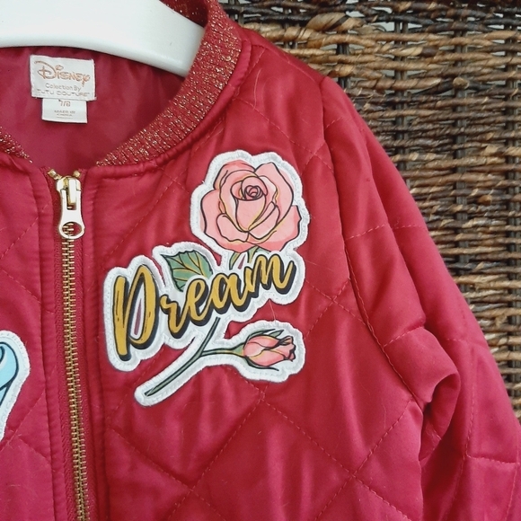 Disney Tutu Couture Bomber Jacket Girl's 7/8 Pink Quilted Coat Princess Patches - Picture 3 of 10